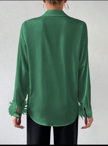 L.I.F.E. Luxurious Spliced Faux Feather Party Silky Blouse L 💚New with Tags - Picture 4 of 12