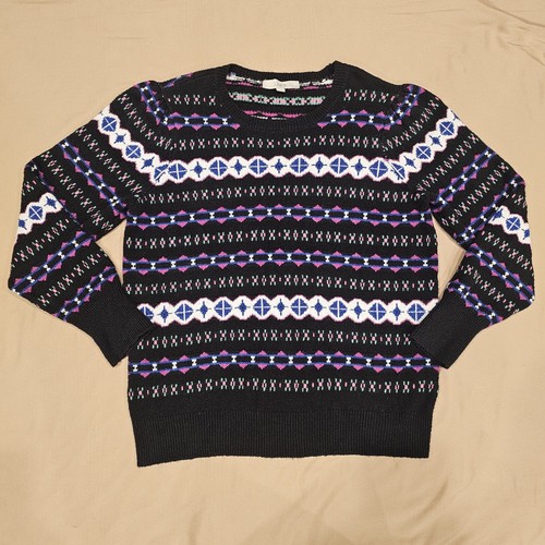 Loft Pullover Knit Sweater Black Geometric Warm Soft Large