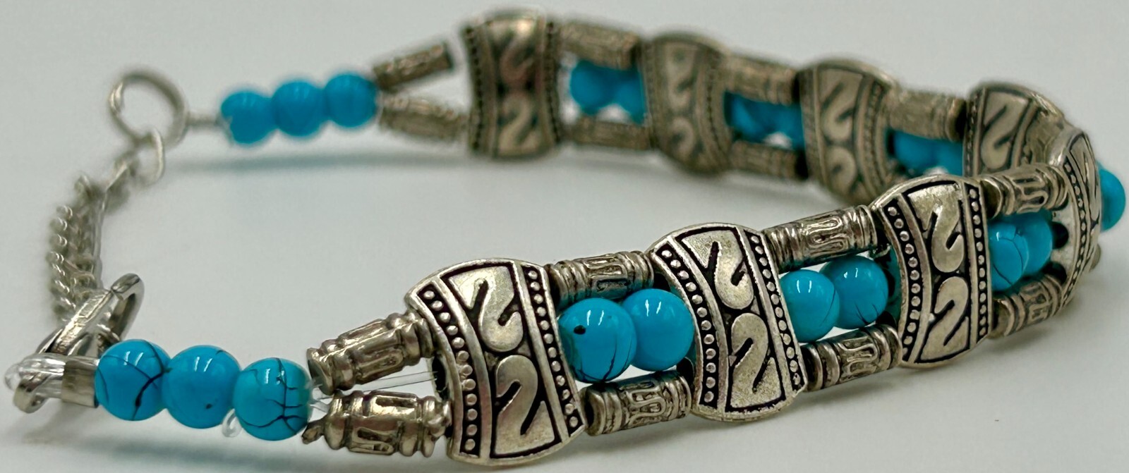 Adjustable Turquoise & Silvertone Bracelet Native… - image 2