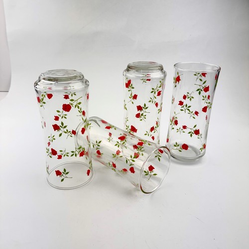 Libbey Glass Red Roses 6.5" Tall Set of 4 Curved Glasses Stackable - Picture 6 of 7