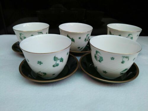 Branded ADAM & EVE by TACHIKICHI Green & White Teacup Saucer Japan Set of 5 CS2 - Picture 1 of 5