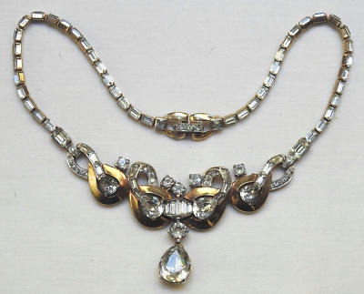 Vtg 1940s Crystal Large Teardrop Necklace MAZER BROS Signed JOMAZ Gold Tone  49k