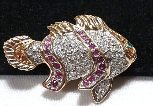Vintage Gold Swan Swarovski Crystal Tropical Fish Brooch Pin