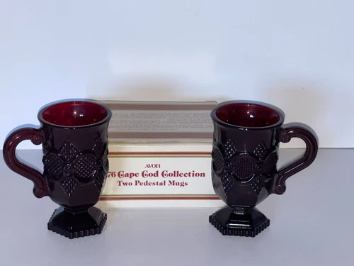 Pair  Avon Cape Cod Ruby Red Footed Pedestal 5" Beverage Coffee Mugs Cups MIB