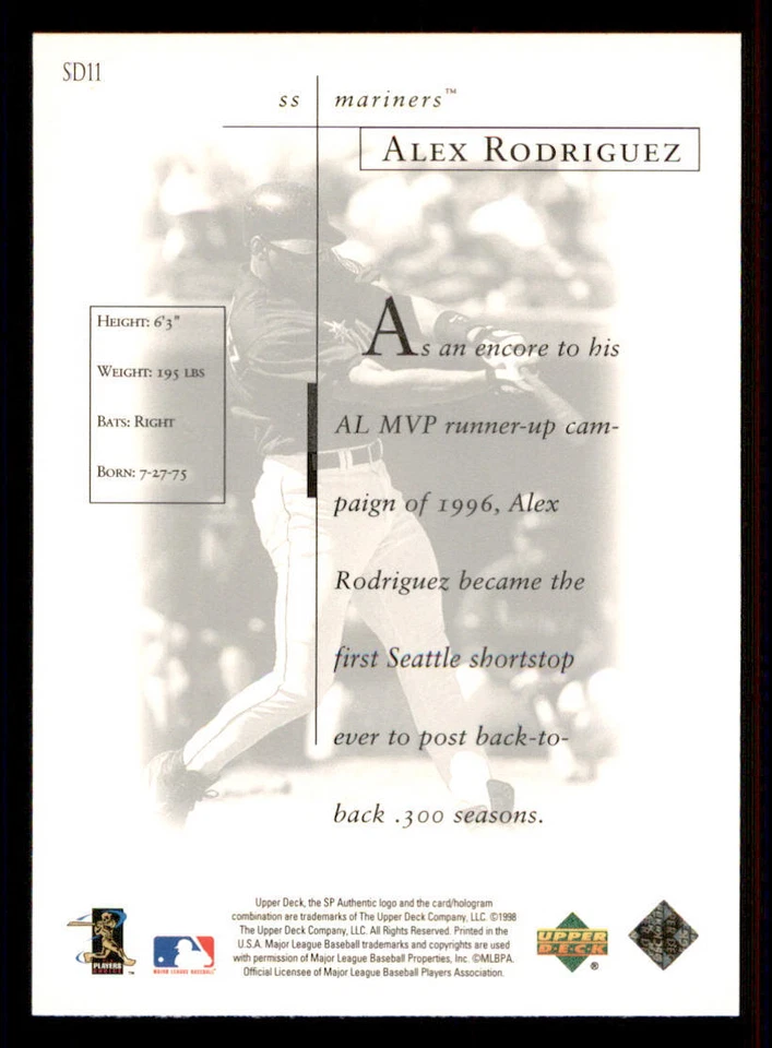 1998 SP Authentic Sheer Dominance #SD11 Alex Rodriguez - Image 2 of 2