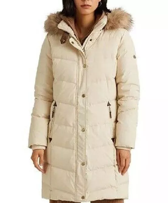 Ralph Lauren Women Faux-Fur-Trim Hooded Down Puffer Coat XL Moda Cream  SE1623