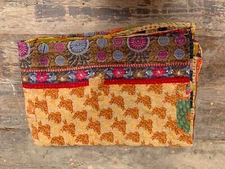 Hand Kantha Work Gudari Quilted Floral Bedspread Winter Printed Mat Indian Throw