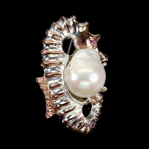 925 Sterling Silver Brooch Pendant Round Ruby Pearl Gemstone Seahorse Jewelry