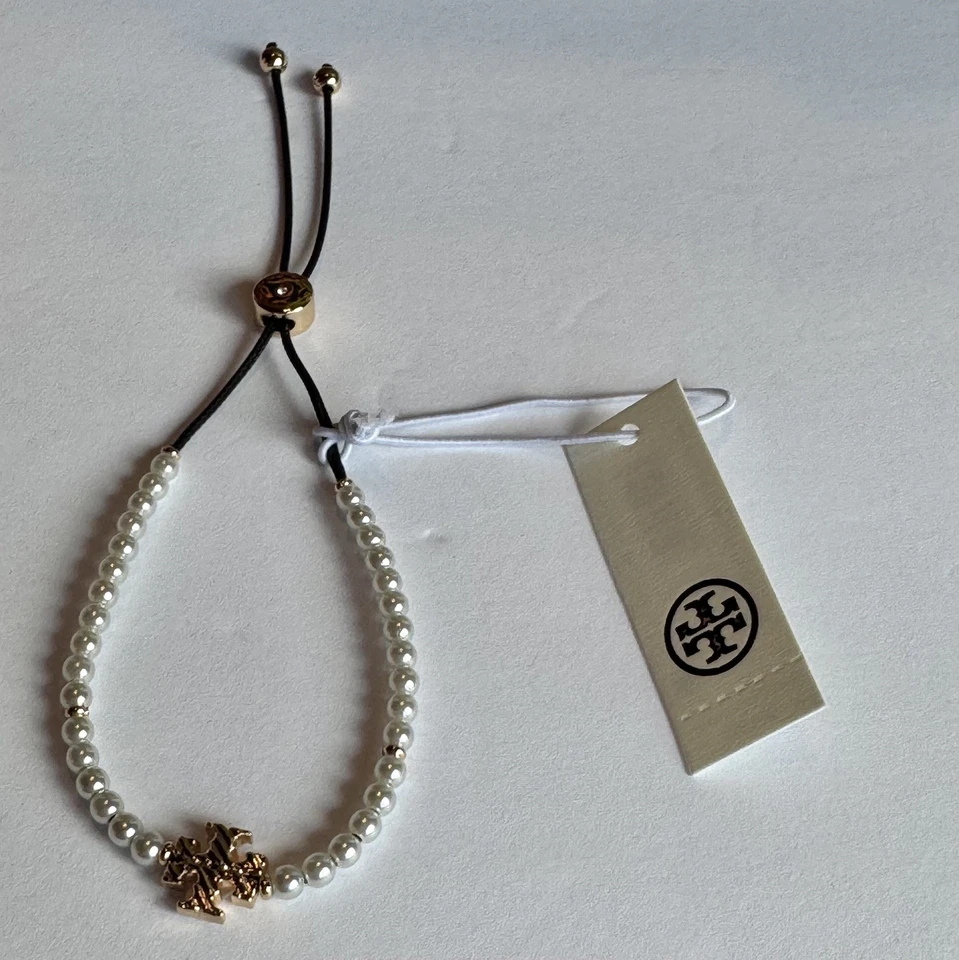Auténtico Brazalete Deslizante Tory Burch Blanco Texturizado Cuerda Logo DEBE VER Foto 4 de 4