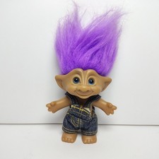 Vintage 90s Ace Novelty Treasure Troll Doll Purple Hair Blue Eyes Denim Overalls