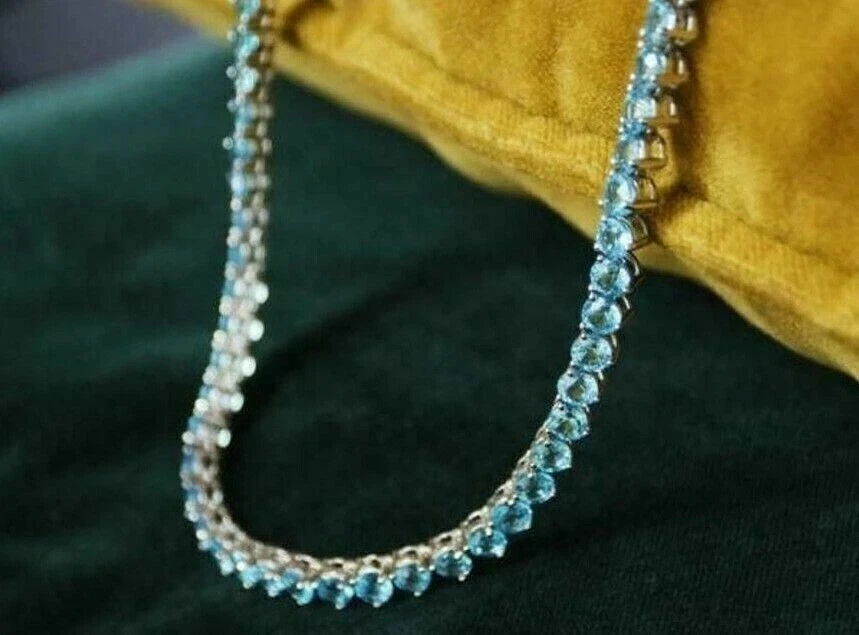 Collar redondo de 4 mm creado en laboratorio para mujer tenis aguamarina chapado en oro de 14 quilates blanco de 18" Foto 3 de 4