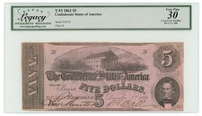 T-53 1862 Confederate States of America CSA $5 PF-7 CR-390 LCG VF30 (65290)