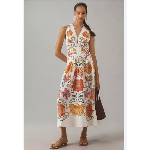Anthropologie Farm Rio Floral V-Neck Sleeveless Linen Maxi Dress XS NEW