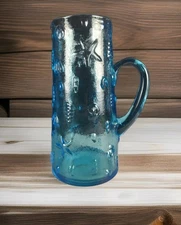 Beachcombers, Clear Blue Glass Pitcher. Shells & Star Fish. 10" Tall, 6 Cups