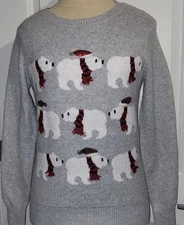 Holiday Time Winter Polar Bear w Santa Hat Gray Christmas Sweater Womens Size XS