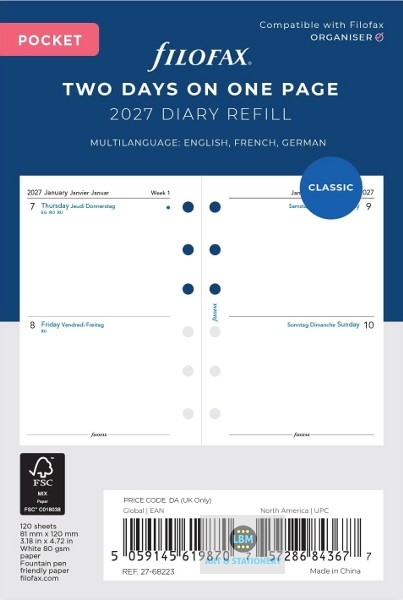 Filofax 2027 Pocket Diary - Two Days On One Page - Classic Refill - 68223