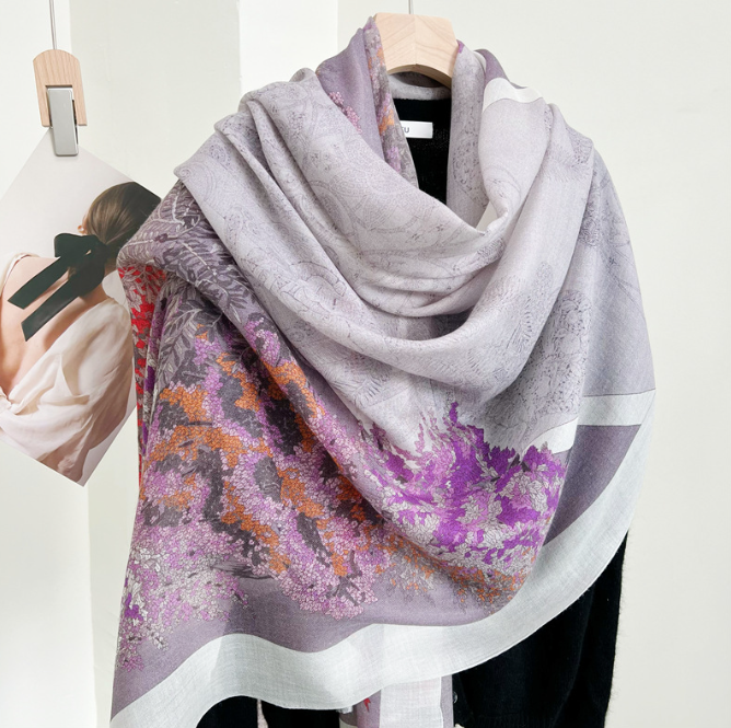 100% Wool Shawl Bandanna Scarf 200X100cm Neckerchief Purple clusters Print Wrap