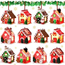 12 Pieces Lighted Gingerbread House Ornament Glitter Holiday Christmas LED Tr...