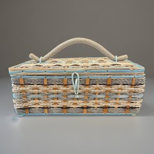 VTG Woven Wicker Sewing Basket Japan 509 Gray Tan Blue Satin Lining 11x7x4.5”