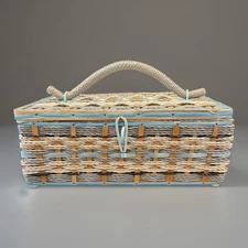 VTG Woven Wicker Sewing Basket Japan 509 Gray Tan Blue Satin Lining 11x7x4.5”