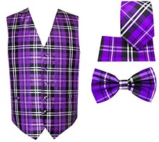 Men's 4pc Plaid Design Formal Waistcoat Tuxedo Dress Vest X-Large Purple