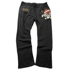 Ed Hardy Women's Black Cotton Straight Leg Sweatpants Skull Graphic Logo Size XL
