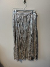 EUC Maeve Silver Gold Champagne Metallic Stripped A-line Skirt Size Medium