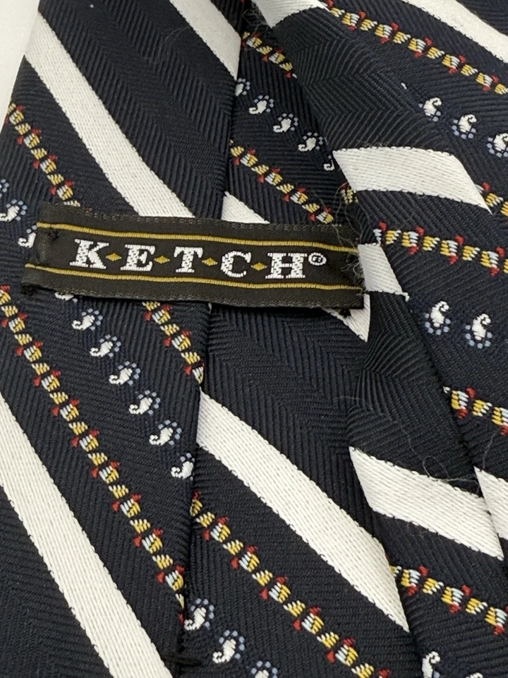 Ketch REPP Striped Necktie Blue & White Classic Style 100 % Polyester Wide Retro - Image 4 of 4