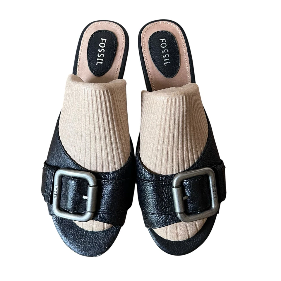 Fossil Malea Platform Cork Wedge Sandals Y2K Black Leather Chunky Grunge Size 9 - Image 2 of 4