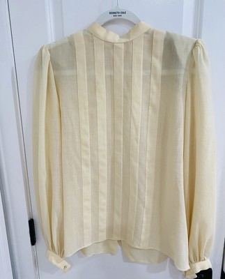 Pauline Trigere Ecru Balloon Sleeve Pleated Tux Tunic Silk Blouse M