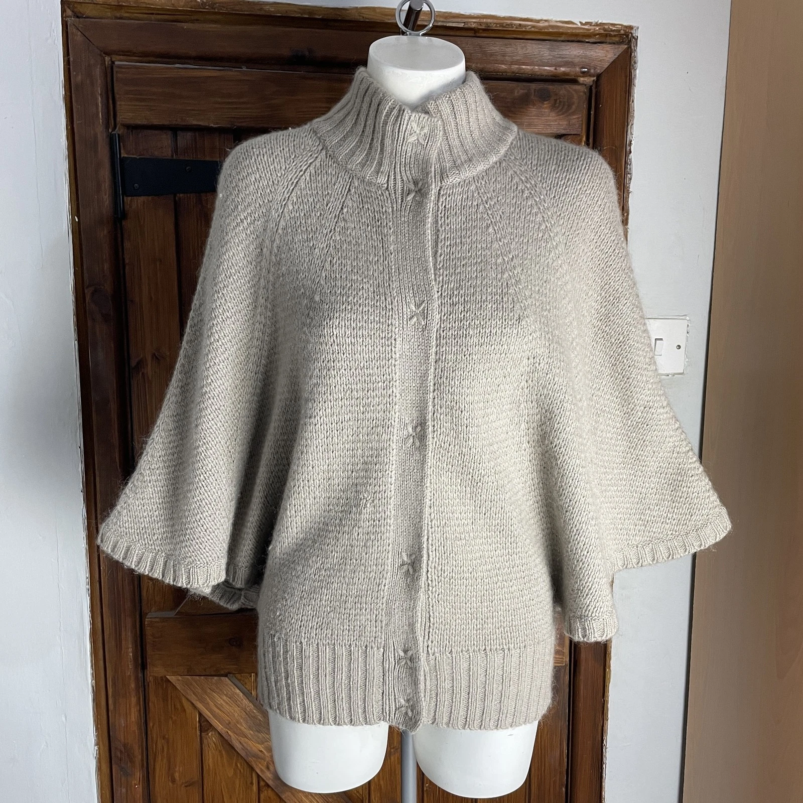 M&S Marks & Spencer Beige Grey Lambswool Angora Knit Button Poncho Jumper Size S