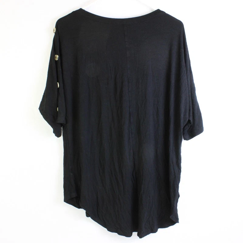 Kim & Cami 女式纯色黑色短袖衬衫带口音纽扣 1X 码 — 第 2/4 张图片