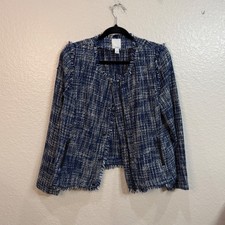 Halogen Blue Boucl Tweed Fringe Jacket Sz M Preppy Professional Elevated Blazer