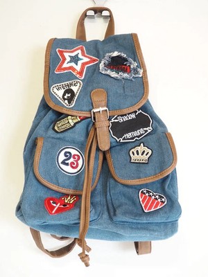 New Rebels Denim Rucksack Blau Patches Aufnäher Jeans Rucksack 35x37 cm TOP
