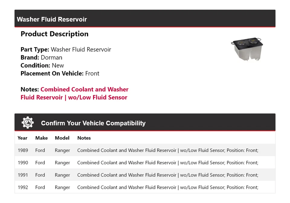 For 1989-1992 Ford Ranger Dorman Washer Fluid Reservoir Front 1990 1991 - Image 2 of 4