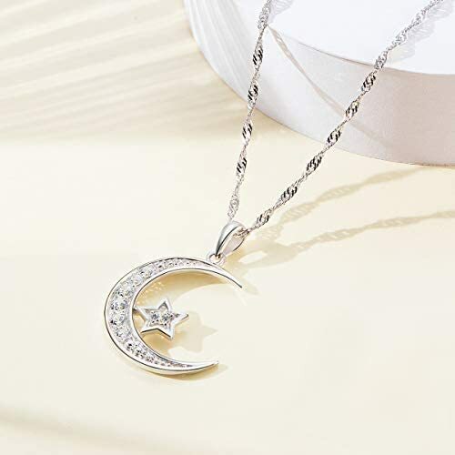 925 Sterling Silber Mond Halsketten für Damen CZ Halbmond Mond Stern Anhänger Kette - Bild 4 von 8