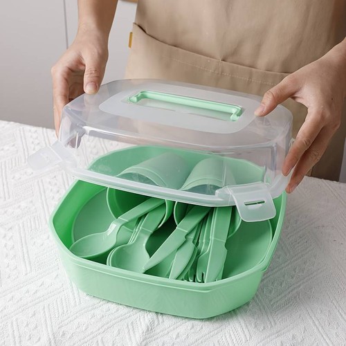 Camping Cutlery Set of 32 PCS Picnic Plastic Set Knives Fork Spoon Cups Plates - Picture 10 of 23