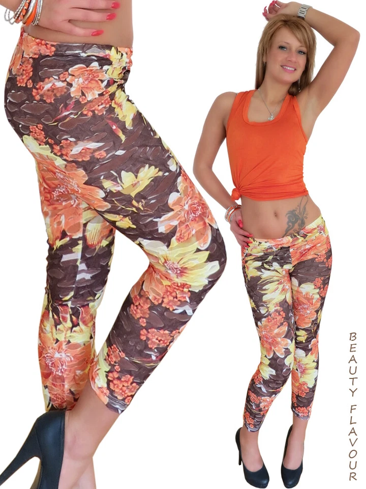Leggings Blumen Schlitze Risse Bunt Treggings Leggins Sexy Hose Blätter 34 36 38 - Bild 1 von 1