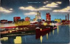 Toledo At Night River Cargo Ship Boat Glass Factory Ohio VTG Linen Postcard 10J
