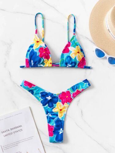Sexy Women Micro Bikini Set Swimwear Lace Up Floral Thong Beachwear Swimsuit - Picture 11 of 11