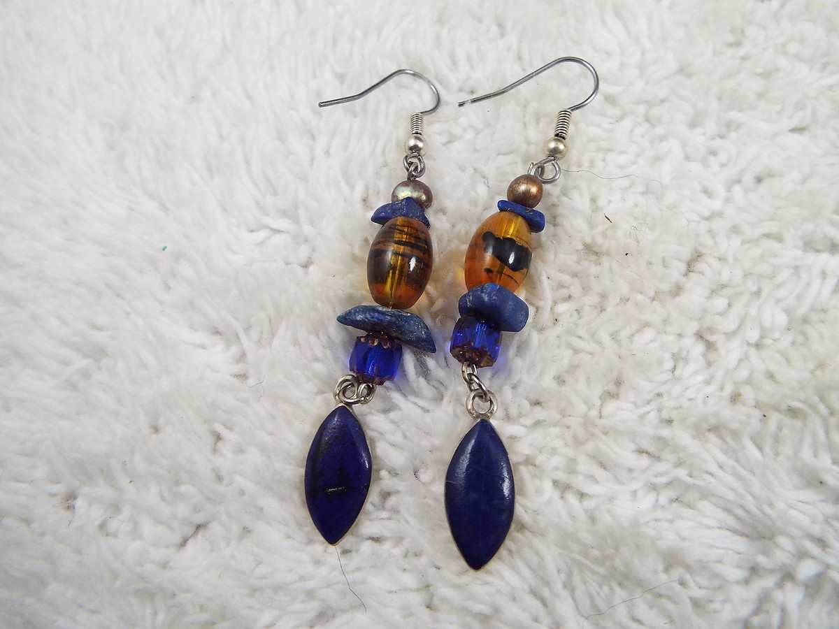 Sterling Silver Blue Glass Drop Pierced Earrings (A68) | eBay