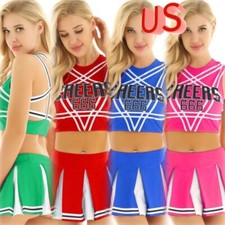 Womens Schoolgirl Cheerleader Costume Cosplay Fancy Dress Crop Tops Skirt