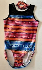 Plum Practicewear Gymnastics Leotard Stripe Print Mesh Scrunchie AM Adult Medium