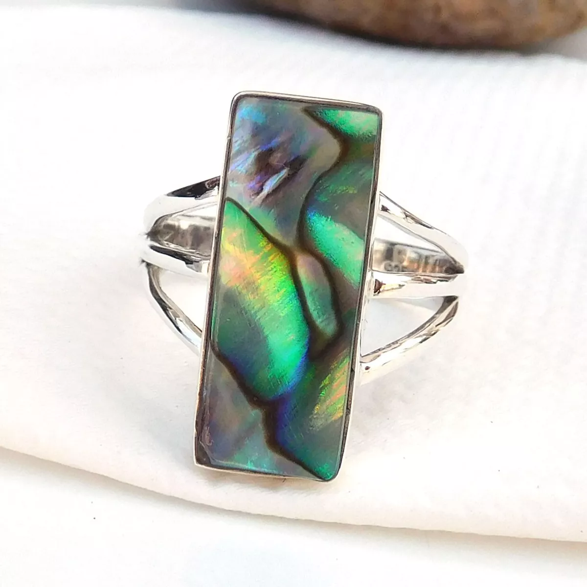 925 Sterling Silver Color MOP Mother of Pearl Ring Abalone Ring Size 9 FR12