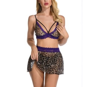 Sexy Leopard Print Women Lingerie 3 Pieces Lace Trim Bra Mini Skirt Panty Set US