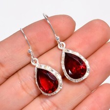 Red Garnet Gemstone Dangle Earrings 925 Silver Handmade Jewelry 1.5" For Women