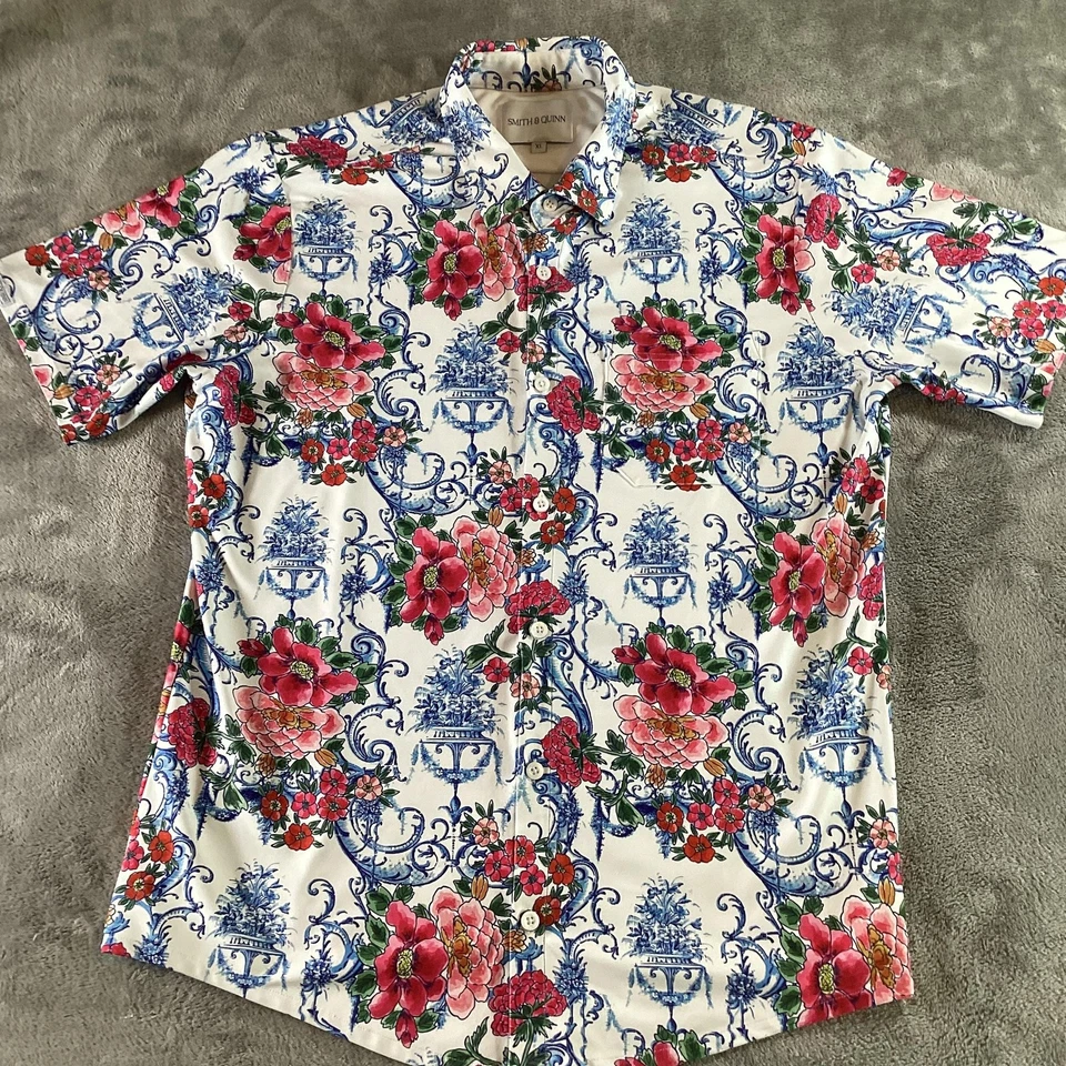Camisa Smith & Quinn Para Hombre XL Blanca Azul Roja Floral Manga Corta Botón Delantero Foto 2 de 4
