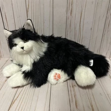 Chongker Realistic Cat Plush Tuxedo Black White Long Hair Laying 16 Inch