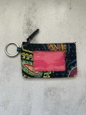 Vera Bradley Zipper ID Case Small Wallet with Key Ring Gray Yellow Teal