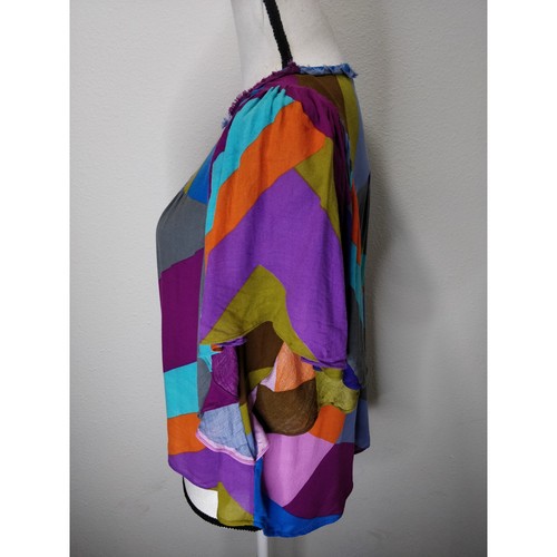 Anthropologie Hiche Mosaic Multicolor Blue Colorblock Flutter Sleeve Top S - Picture 5 of 10
